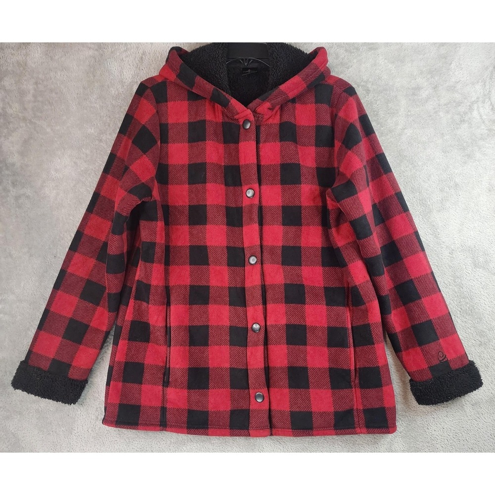 Cuddl Duds Jacket Womens Small Red Buffalo Plaid Sherpa Lined Fleece Hooded